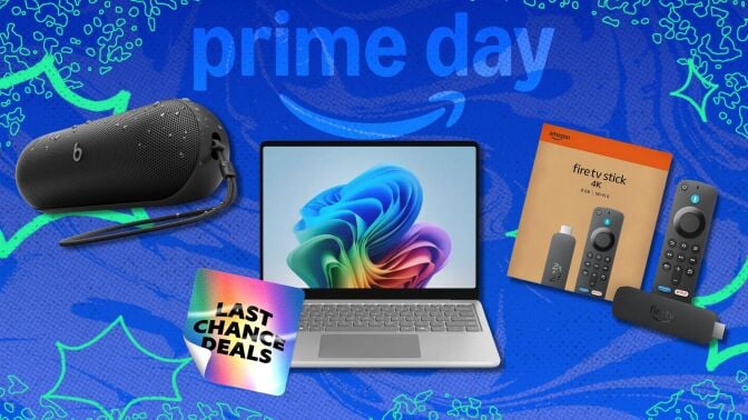 a beats speaker, microsoft surface laptop, and fire tv stick with sticker that reads 'last chance deals'