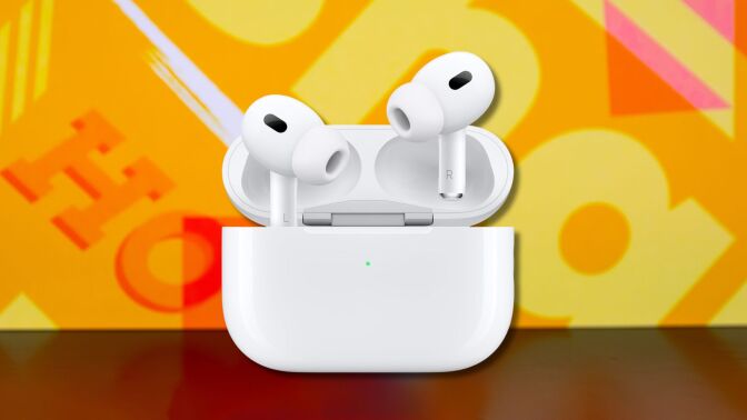 airpods pro 2 earbuds against a yellow patterned background
