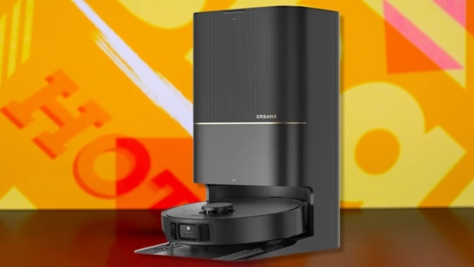The DREAME X40 Ultra Robotic Vacuum on an orange background