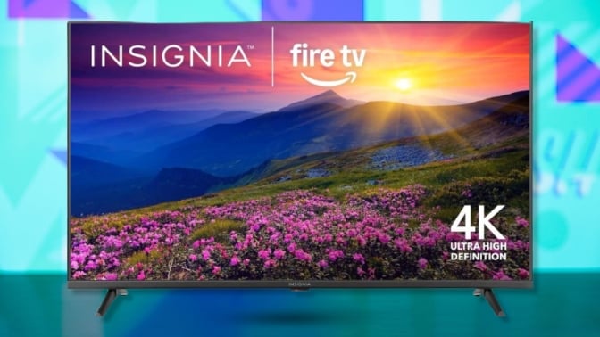 The Insignia 65-inch Class F50 Series LED 4K UHD Smart Fire TV on a blue background