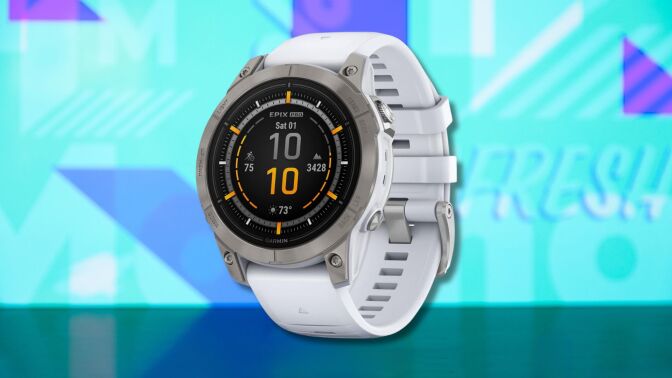 garmin epix pro (gen 2) sapphire edition smartwatch against a light blue patterned background
