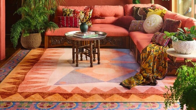 A ruggable rug in a maximalist living room with jungle decor