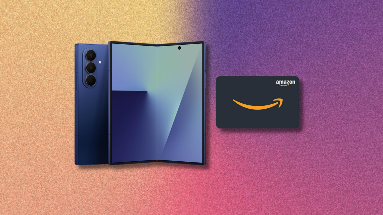 A photo composite of the new Samsung Galaxy Z Fold7 in blue, shown partially unfolded, next to an Amazon gift card on a stylized, textured background.