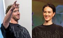 side by side images of mark zuckerberg and jay graber in matching black shirts with latin phrases on them