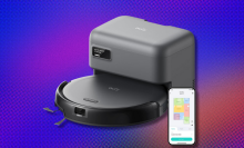 Eufy Robot Vacuum C10 on red, blue, and orange abstract background