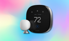 A digital collage featuring an ecobee Smart Thermostat Premium on a vibrant, multi-colored background. The thermostat, with a black rectangular face and rounded corners, displays a large "72" in white digits.