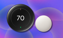 Google Nest Learning Thermostat on blue and purple abstract background