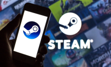 A Steam logo seen displayed on a smartphone and in the background.