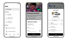 Three phone screens showing the Uber homepage for Senior Accounts, a pop-up window asking to add a Senior Account to a family profile, and a simplified driver profile.