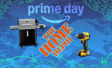 Grill, power drill, and Home Depot logo arranged on swirly blue and green Prime Day themed backdrop