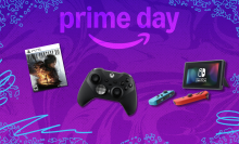 Gaming accessories in front of a purple background.