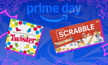 Scrabble and Twister board games with blue Prime Day