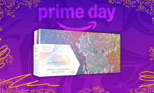 a box of pokemon cards beneath the prime day logo against a purple background