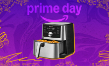 Instant Pot basket air fryer arranged on swirly orange and purple Prime Day themed backdrop