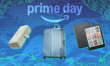 composite image of Anker power bank, Samsonite suitcase, and Kindle with prime day background illustration