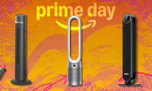 Three bladeless fans on an orange and yellow background with "prime day" text. 