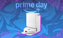 White Roborock Qrevo S robot vacuum arranged on swirly blue and purple Prime Day themed backdrop