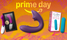 A feature image for Prime Day showing a variety of sex toys, including a purple LELO g-spot vibrator, a Tracy's Dog purple vibrator, and a plusOne vibrating bullet, on a vibrant orange and purple background with the words "prime day."