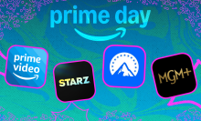 MGM+, Paramount+, Prime Video, and Starz app logos with colorful prime day composite background