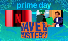 Uber, Netflix, Dave & Busters gift cards against colorful background
