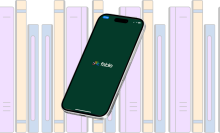 A bookshelf behind a smartphone showing the Fable logo.