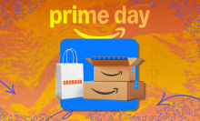 Grubhub delivery bag and Amazon boxes arranged on yellow, orange, and purple Prime Day themed backdrop
