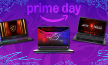 Gaming laptops in front of a purple background
