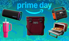 Jackery power station, Yeti cooler, Sony speaker, Stanley cup, and Ninja pizza oven with blue prime day composite background