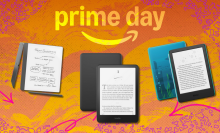 Amazon Kindle devices in front of an orange background