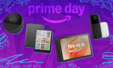 Amazon Echo Spot, Kindle Colorsoft, Fire tablet, and Blink doorbell with purple prime day composite background