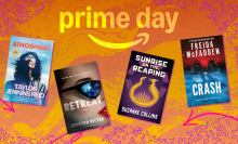 book covers for "Atmosphere," "Sunrise on the Reaping," "Retreat," and "The Crash" with orange prime day composite background