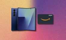 A photo composite of the new Samsung Galaxy Z Fold7 in blue, shown partially unfolded, next to an Amazon gift card on a stylized, textured background.