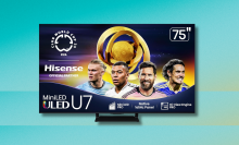 The Hisense U7 75-inch Mini-LED smart TV is shown against a teal background. The screen displays a promotional graphic for the FIFA Club World Cup featuring several soccer players.
