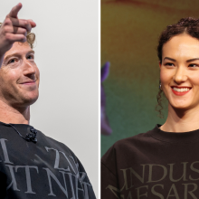 side by side images of mark zuckerberg and jay graber in matching black shirts with latin phrases on them