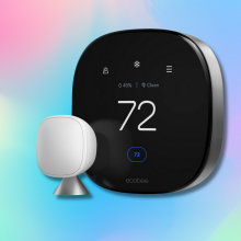 A digital collage featuring an ecobee Smart Thermostat Premium on a vibrant, multi-colored background. The thermostat, with a black rectangular face and rounded corners, displays a large "72" in white digits.