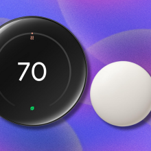 Google Nest Learning Thermostat on blue and purple abstract background
