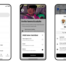 Three phone screens showing the Uber homepage for Senior Accounts, a pop-up window asking to add a Senior Account to a family profile, and a simplified driver profile.