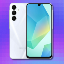 The Samsung Galaxy A16 on blue, purple, and pink abstract background