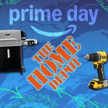 Grill, power drill, and Home Depot logo arranged on swirly blue and green Prime Day themed backdrop