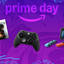 Gaming accessories in front of a purple background.