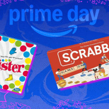 Scrabble and Twister board games with blue Prime Day