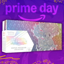 a box of pokemon cards beneath the prime day logo against a purple background