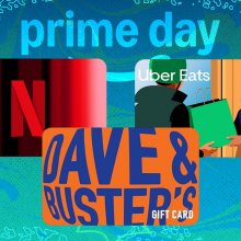 Uber, Netflix, Dave & Busters gift cards against colorful background