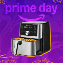 Instant Pot basket air fryer arranged on swirly orange and purple Prime Day themed backdrop