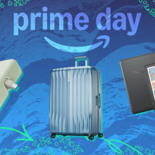composite image of Anker power bank, Samsonite suitcase, and Kindle with prime day background illustration