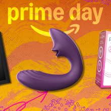 A feature image for Prime Day showing a variety of sex toys, including a purple LELO g-spot vibrator, a Tracy's Dog purple vibrator, and a plusOne vibrating bullet, on a vibrant orange and purple background with the words "prime day."