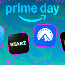 MGM+, Paramount+, Prime Video, and Starz app logos with colorful prime day composite background