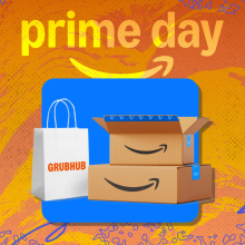Grubhub delivery bag and Amazon boxes arranged on yellow, orange, and purple Prime Day themed backdrop