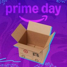 Open Target box on purple and blue Prime Day themed backdrop