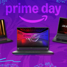Gaming laptops in front of a purple background